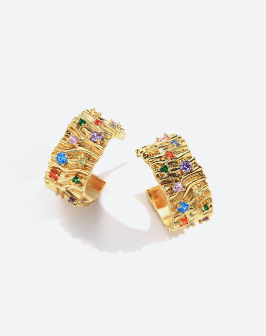 Irregularly patterned colored gemstone design hoop earrings for women