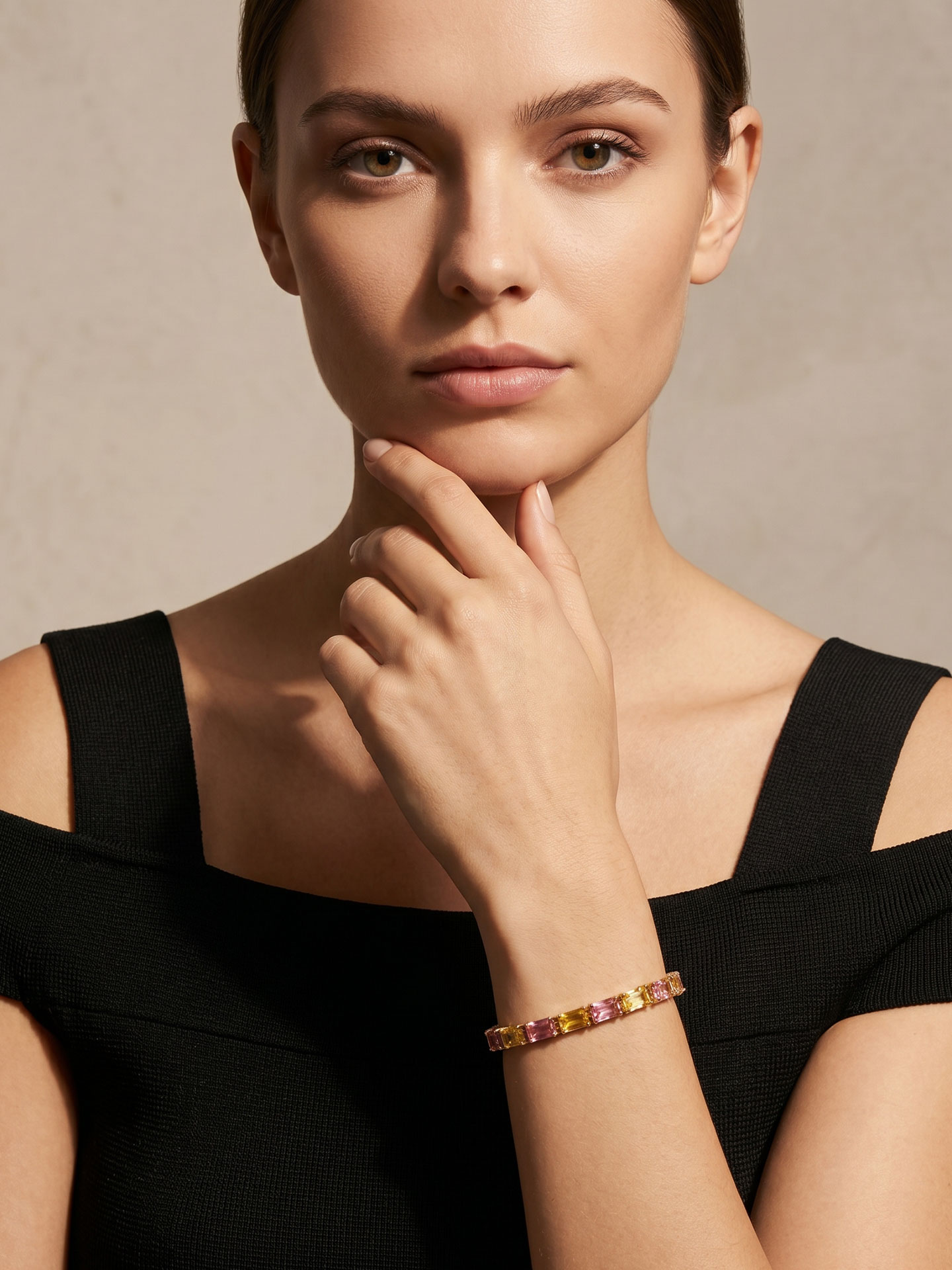 Elegant 18K gold plated pink and yellow stone interlacing bracelet