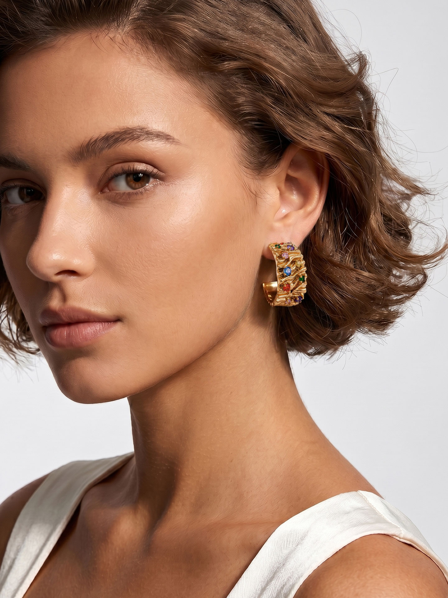 Irregularly patterned colored gemstone design hoop earrings for women